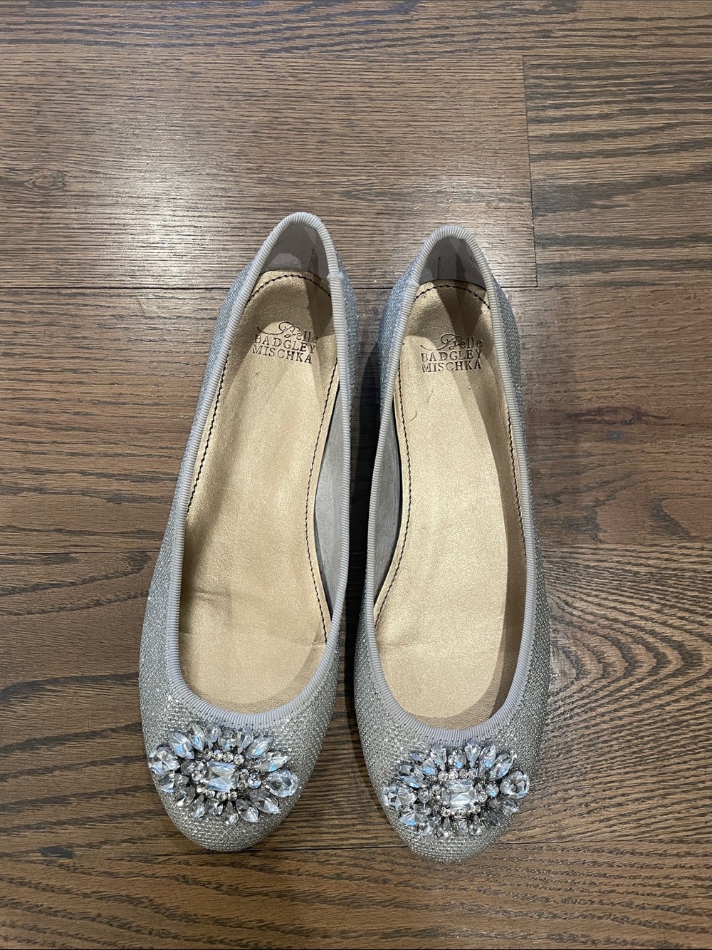 Belle Badgley Mischka Silver Crystal-Embellished Ballet Flats, Size 6.5